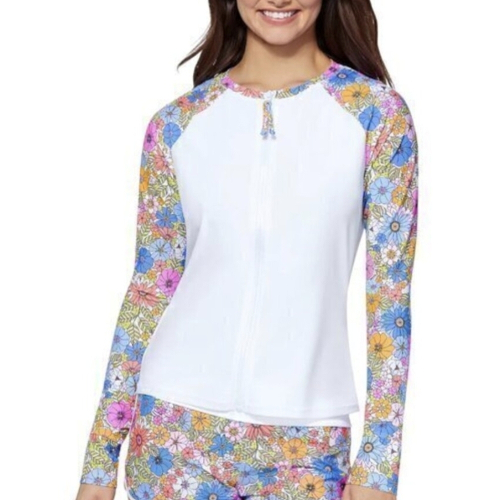 Raisins Floral Print Front Zip Rashguard White L
